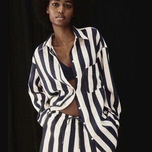 H&M Oversized Linen Shirt Navy blue striped S